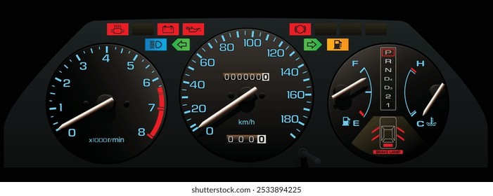 Sedán de lujo japonés de tamaño mediano realista de los años 80 en Especificaciones japonesas con motor de carburador y Vector de ilustración de panel de instrumentos de transmisión automática.