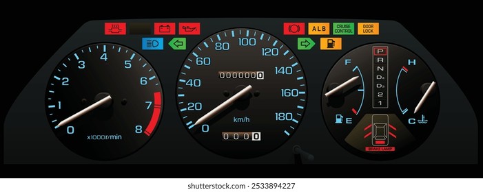 Sedán japonés de tamaño mediano de los años 80 en Especificaciones japonesas con motor de carburador y panel de instrumentos de transmisión automática incluido control de crucero y Vector de ilustración de freno antibloqueo.