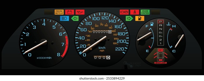 Sedán de lujo japonés de tamaño mediano realista de los años 80 en Especificaciones canadienses con motor de inyección de combustible y transmisión automática y Vector de ilustración de función retráctil de faros.