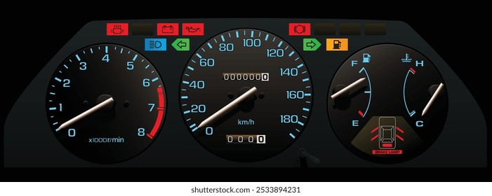 Sedán de lujo japonés de tamaño mediano realista de los años 80 en Especificaciones japonesas con motor de carburador y Vector de ilustración de panel de instrumentos de transmisión manual.