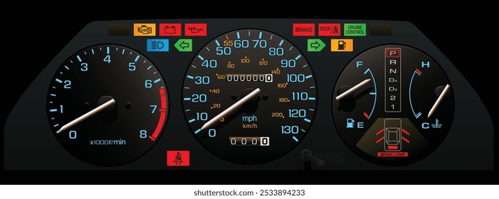 Sedán japonés de tamaño mediano realista de los años 80 en Especificaciones estadounidenses con motor de inyección de combustible y panel de instrumentos de transmisión automática incluido control de crucero y Vector de ilustración de luz de advertencia del cinturón de seguridad.