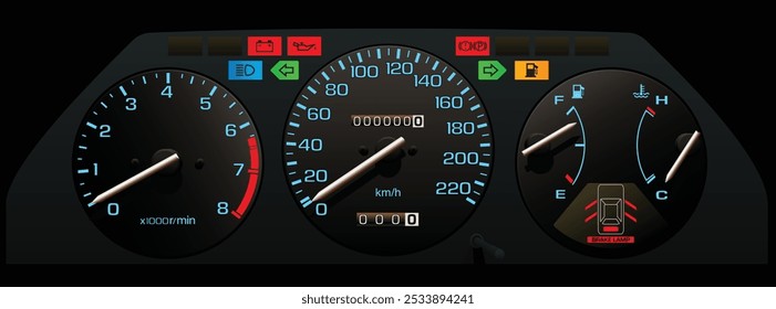 Sedán de lujo japonés de tamaño mediano realista de los años 80 en Especificaciones tailandesas con motor de carburador y Vector de ilustración de panel de instrumentos de transmisión manual.