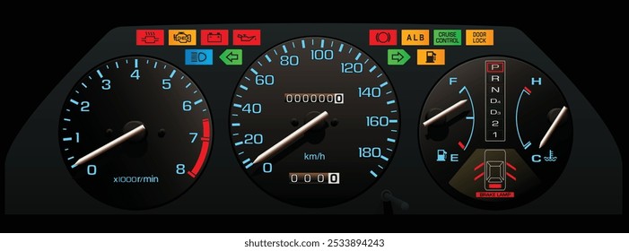 Realistic 80s Japanese midsize luxury sedan en Especificaciones japonesas con motor de inyección de combustible y panel de instrumentos de transmisión automática incluido control de crucero y Vector de ilustración de freno antibloqueo.