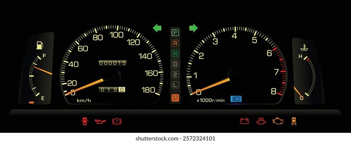 Realistic 80s Japanese midsize sedan analog instrument panel in gasoline engine and hydraulic clutch automatic gearbox specs illustration vector.