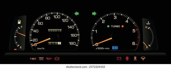 Realistic 80s Japanese midsize sedan analog instrument panel in turbo diesel engine and manual gearbox specs with boost indicator lamp illustration vector.