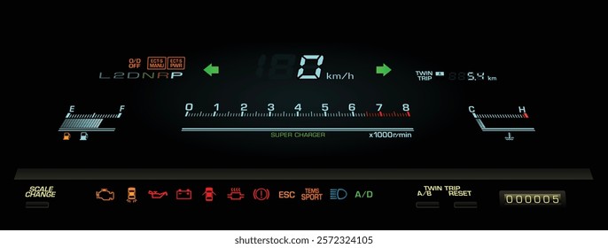 Realistic 80s Japanese midsize sedan digital instrument panel in supercharged gasoline engine and electronically automatic gearbox specs included electronically damper and ABS illustration vector.