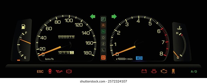 Realistic 80s Japanese midsize sedan analog instrument panel in gasoline engine and hydraulic clutch automatic gearbox specs included cruise control and antilock braking system illustration vector.