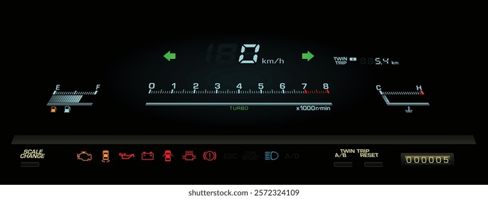 Realistic 80s Japanese midsize sedan digital instrument panel in twin turbo gasoline engine and manual gearbox illustration vector.