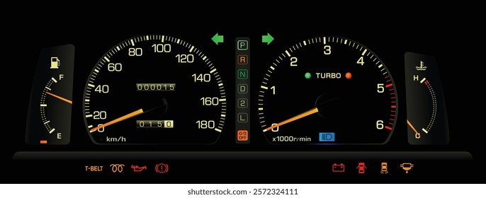 Realistic 80s Japanese midsize sedan analog instrument panel in turbo diesel engine and hydraulically clutch automatic transmission specs with boost indicator lamp illustration vector.