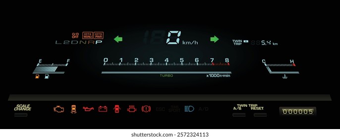 Realistic 80s Japanese midsize sedan digital instrument panel in twin turbo gasoline engine and electronically automatic gearbox illustration vector.