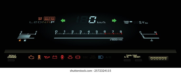 Realistic 80s Japanese midsize sedan digital instrument panel in natural aspirated gasoline engine and electronically automatic gearbox illustration vector.