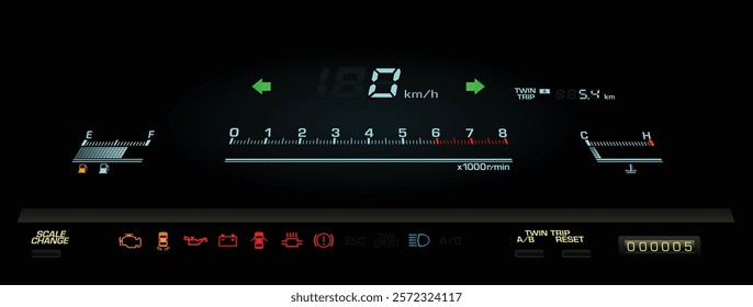 Realistic 80s Japanese midsize sedan digital instrument panel in natural aspirated gasoline engine and manual gearbox illustration vector.