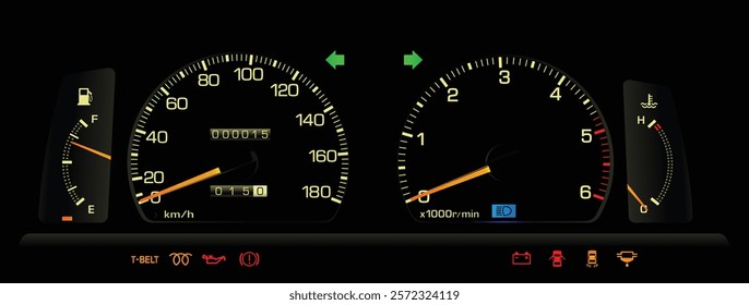 Realistic 80s Japanese midsize sedan analog instrument panel in diesel engine and manual gearbox specs illustration vector.