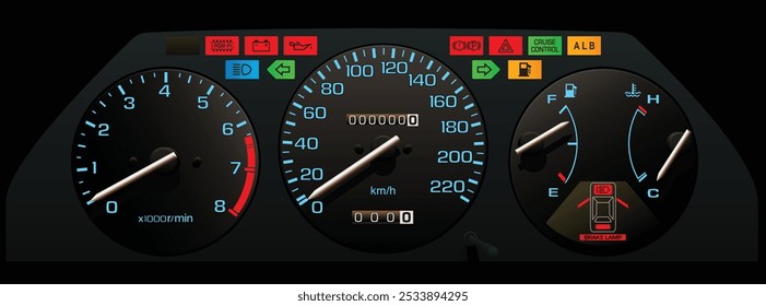 Realistic 80s cupé deportivo japonés de tamaño mediano en Especificaciones europeas con motor de inyección de combustible y panel de instrumentos de caja de cambios manual incluido control de crucero y freno antibloqueo e ilustración de faro emergente.