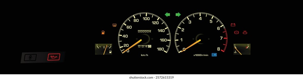 Realistic 80s Japanese sport coupe analog gauge cluster in carburetor gasoline engine and manual gearbox without door ajar warning light illustration vector.