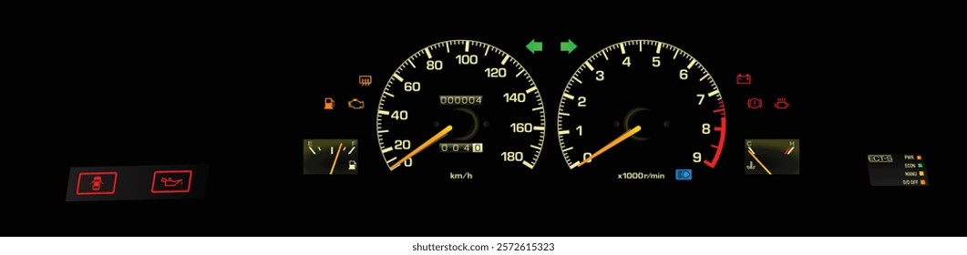 Realistic 80s Japanese sport coupe analog gauge cluster in fuel injected high performance gasoline engine and electronically controlled automatic gearbox without electric damper illustration vector.