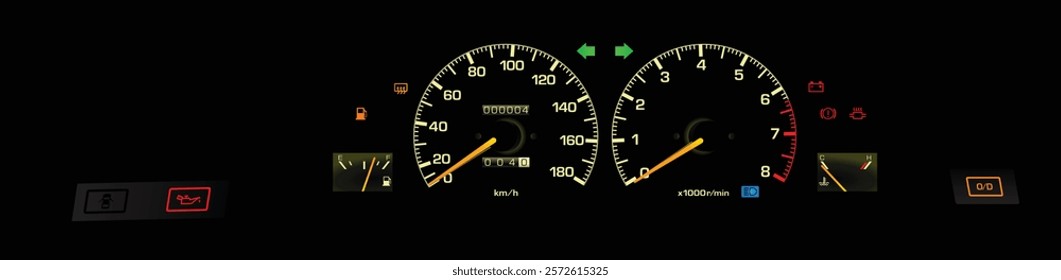 Realistic 80s Japanese sport coupe analog gauge cluster in carburetor gasoline engine and auto gearbox without door ajar warning light illustration vector.