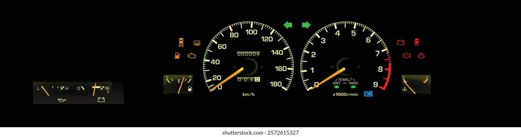 Realistic 80s Japanese sport coupe analog gauge cluster in fuel injected high performance gasoline engine and manual gearbox with electric damper  illustration vector.