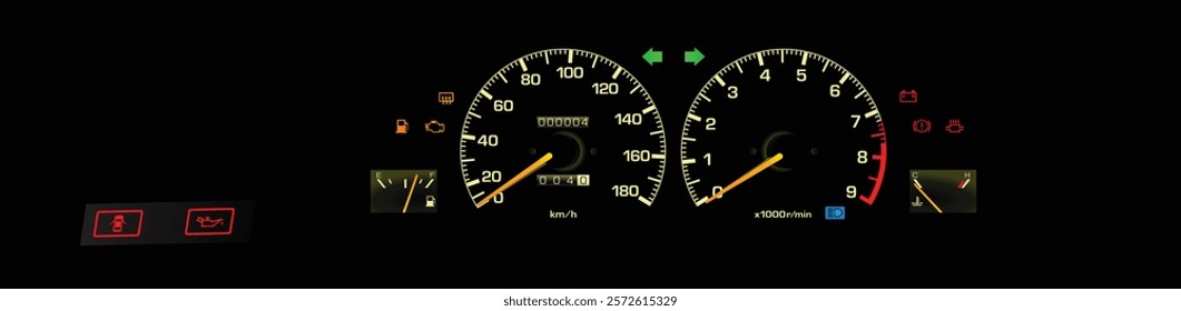 Realistic 80s Japanese sport coupe analog gauge cluster in fuel injected high performance gasoline engine and manual gearbox without electric damper illustration vector.