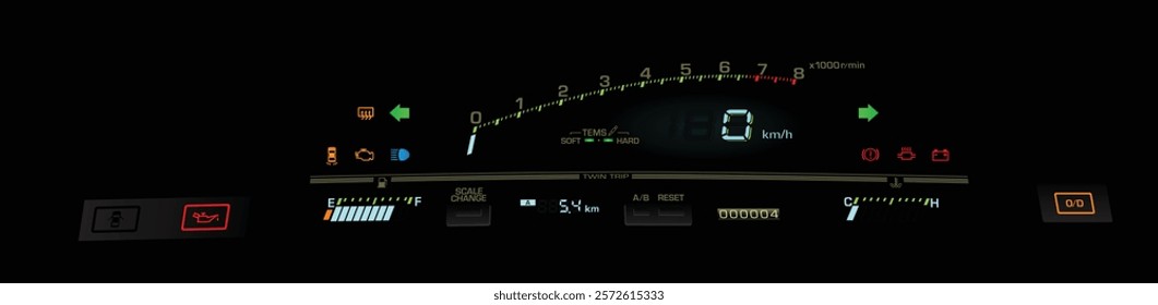 Realistic 80s Japanese sport coupe digital gauge cluster in fuel injected gasoline engine and automatic gearbox without door ajar warning light with electric damper  illustration vector.