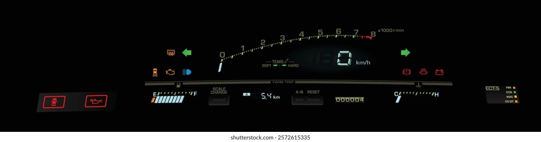 Realistic 80s Japanese sport coupe digital gauge cluster in fuel injected high performance gasoline engine and electronically control automatic gearbox with electric damper illustration vector.