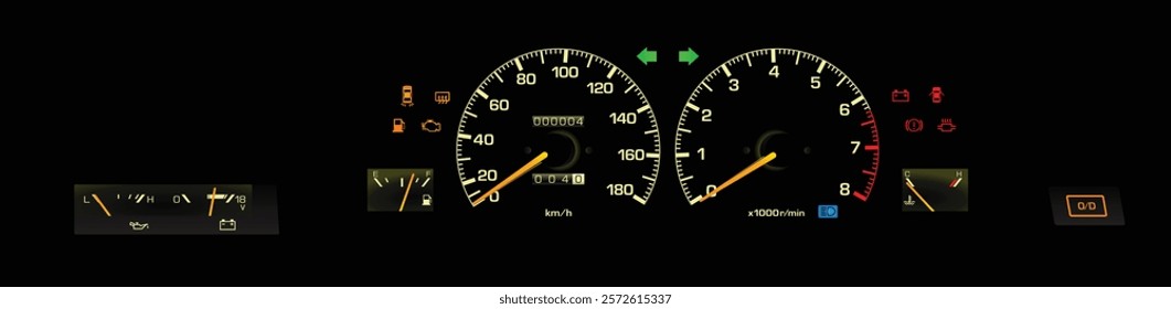 Realistic 80s Japanese sport coupe analog gauge cluster in fuel injected gasoline engine and auto gearbox included oil press and volt meter illustration vector.