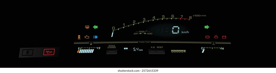 Realistic 80s Japanese sport coupe digital gauge cluster in fuel injected gasoline engine and manual gearbox without door ajar warning light with electric damper illustration vector.