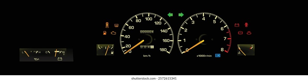 Realistic 80s Japanese sport coupe analog gauge cluster in fuel injected gasoline engine and manual gearbox included oil press and volt meter illustration vector.