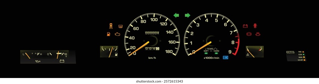 Realistic 80s Japanese sport coupe analog gauge cluster in fuel injected high performance gasoline engine and electronically control automatic gearbox with electric damper  illustration vector.