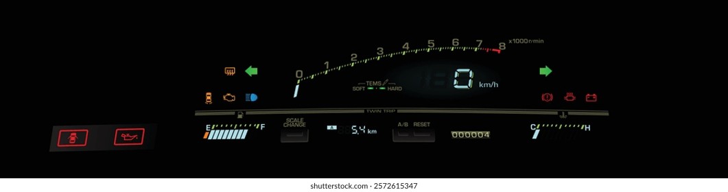 Realistic 80s Japanese sport coupe digital gauge cluster in fuel injected high performance gasoline engine and manual gearbox with electric damper illustration vector.