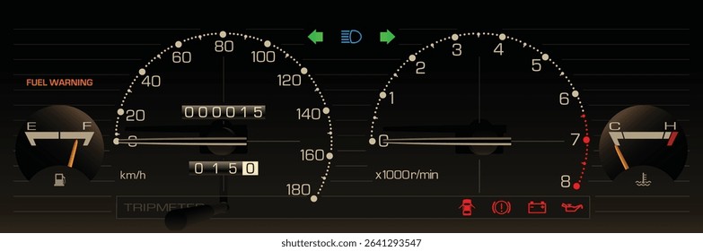 Realistic 80s Malaysian car night speedometer with standard equipment and warning light illustration vector.