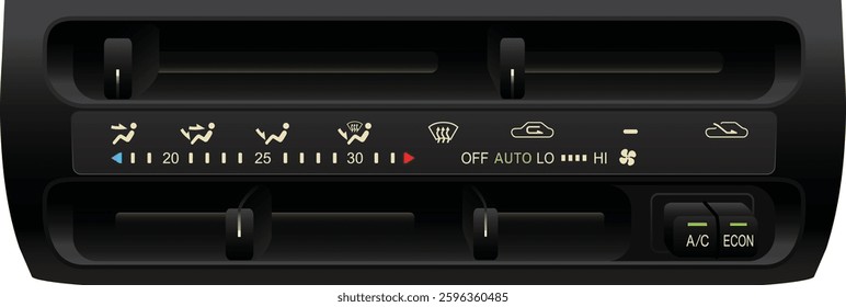 Realistic 90s car automatic climate control slide type cooler and heater with dual air compressor operation mode switch included air blend position mark and auto fan speed illustration vector.