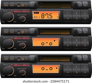 Realistic 90s car radio receiver 20w + 20w on fm tuner tape cassette player in both A and B side status with orange LCD illustration vector.