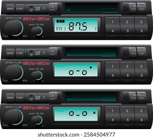 Realistic 90s car radio receiver 20w + 20w on FM tuner tape cassette player in both A and B side status with aqua blue LCD illustration vector.