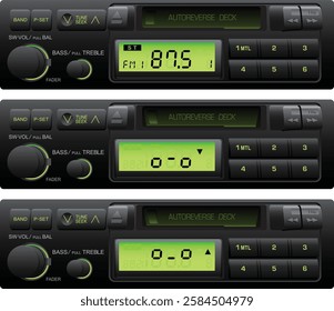 Realistic 90s car radio receiver 20w + 20w on FM tuner tape cassette player in both A and B side status with light green LCD included metal tape cassette player function illustration vector.