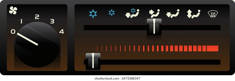 Realistic 90s era car manual climate control panel with 5 wind flow mechanically control direction mode and 2 air compressor mode illustration vector.