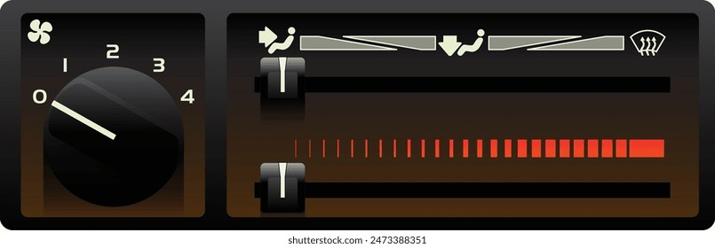 Realistic 90s era car manual climate control panel with 3 wind flow mechanically control direction mode illustration vector.