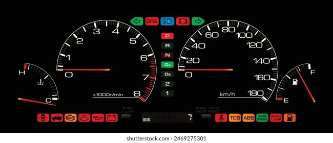 Realistic 90s era futuristic style Japanese sedan gauge cluster with electro luminescence backlight illumination and lcd digital trip meter illustration vector.