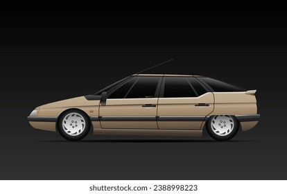 Realistic 90s era gold hatchback executive sedan in low height position hydraulic suspension setting illustration vector.