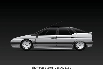 Realistic 90s era gris quartz color hatchback sedan with sporty decoration element and V6 cylinder 24 valve engine badge in low height position hydraulic suspension setting illustration vector.