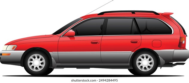 Realistic 90's era popular Japanese compact touring wagon in Japanese domestic specs with red mica and silver two tone color on transparent background illustration vector.