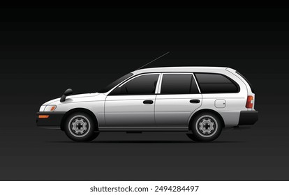 Realistic 90's era popular Japanese compact van in lower trim Japanese domestic specs with white color and black bumper included fender mirror on dark background illustration vector.