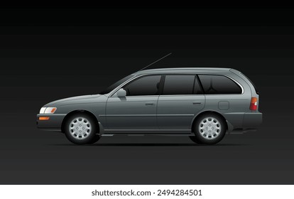 Realistic 90's era popular Japanese compact touring wagon in Japanese domestic specs with grayish green mica metallic color without roof rack on dark background illustration vector.