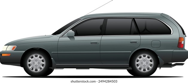 Realistic 90's era popular Japanese compact touring wagon in Japanese domestic specs with grayish green mica metallic color without roof rack on transparent background illustration vector.