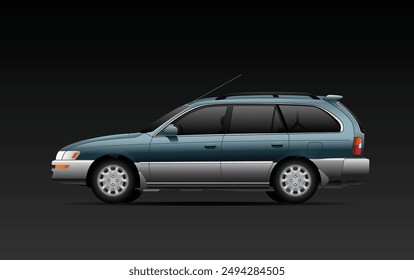 Realistic 90's era popular Japanese compact touring wagon in Japanese domestic specs with grayish green mica metallic color without roof rack on dark background illustration vector.