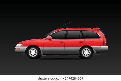 Realistic 90's era popular Japanese compact touring wagon in Japanese domestic specs with red mica and silver two tone color on dark background illustration vector.