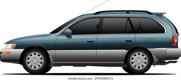 Realistic 90's era popular Japanese compact touring wagon in Japanese domestic specs with dark bluish grey metallic and silver two tone color on transparent background illustration vector.