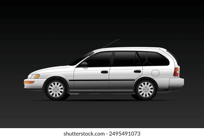 Carro de viaje compacto japonés realista de la era de los 90 en Especificaciones domésticas de EE.UU. con color metálico blanco sin portaequipajes en el Vector de ilustración de fondo oscuro.