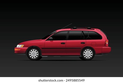 Carro de viaje compacto japonés de la época realista de los 90 en Especificaciones domésticas de Estados Unidos con color rojo fuego solar con portaequipajes en el Vector de ilustración de fondo oscuro.