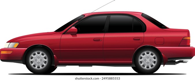 Realistic 90's era popular Japanese compact sedan in U.S. domestic specs with sunfire red color on transparent background illustration vector.